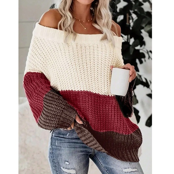 Cozy Color Block Off Shoulder Knit Sweater Top